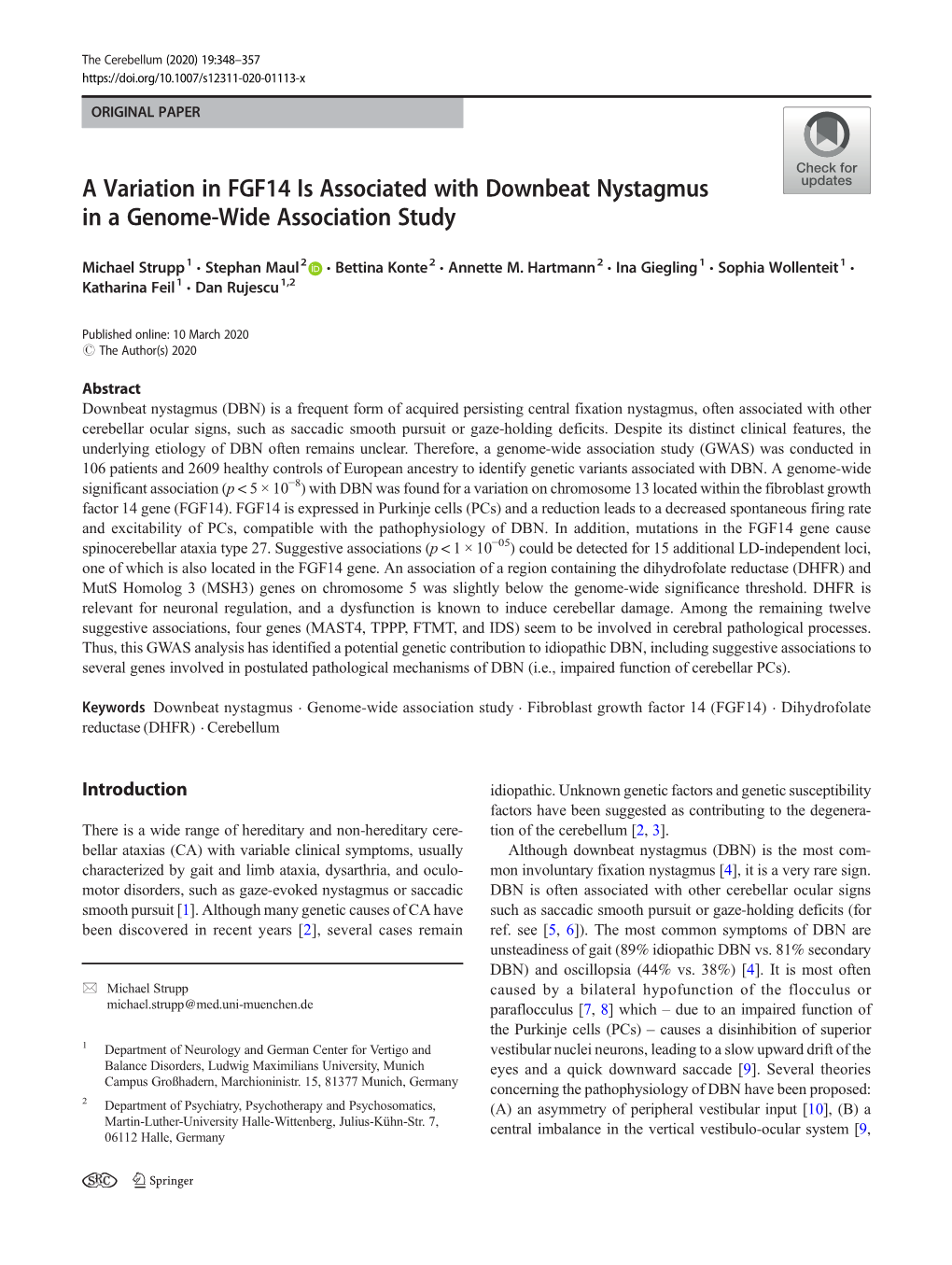 A Variation in FGF14 Is Associated with Downbeat Nystagmus in a Genome-Wide Association Study