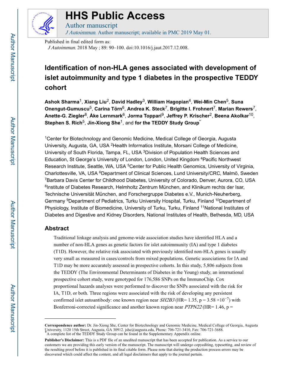 Identification of Non-HLA Genes Associated with Development of Islet Autoimmunity and Type 1 Diabetes in the Prospective TEDDY Cohort