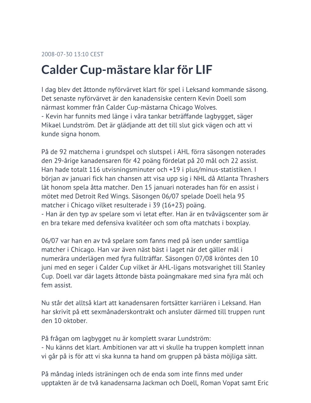 Calder Cup-Mästare Klar För LIF