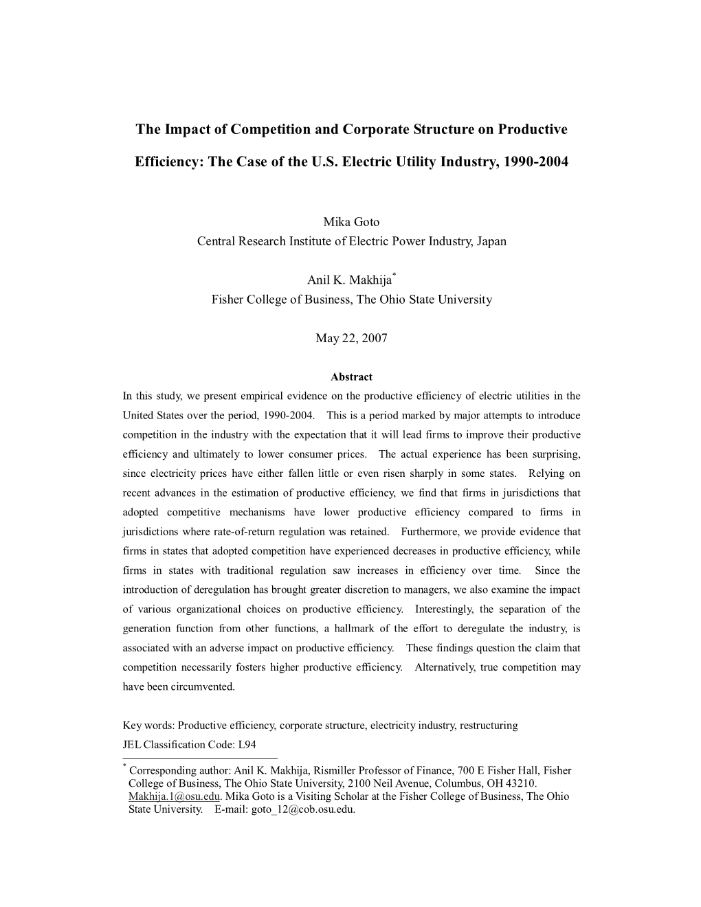 The Impact of Competition and Corporate Structure on Productive Efficiency