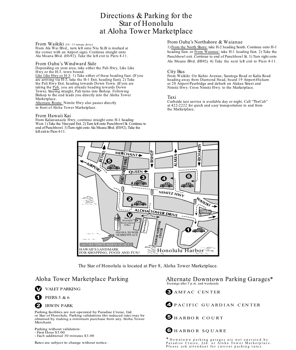 Directions & Parking for the Star of Honolulu at Aloha Tower Marketplace