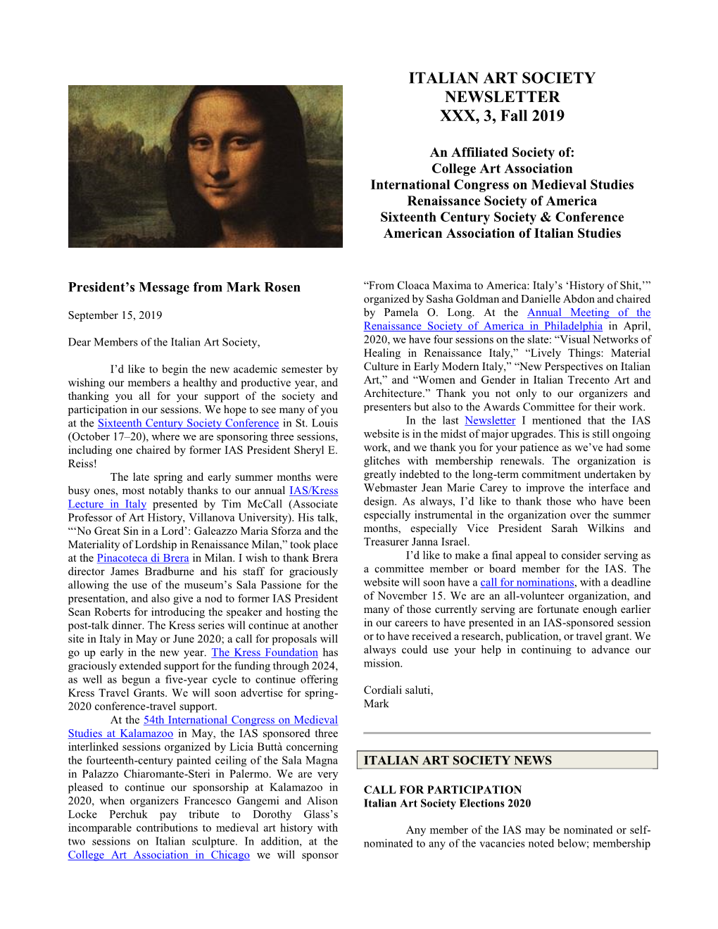 ITALIAN ART SOCIETY NEWSLETTER XXX, 3, Fall 2019