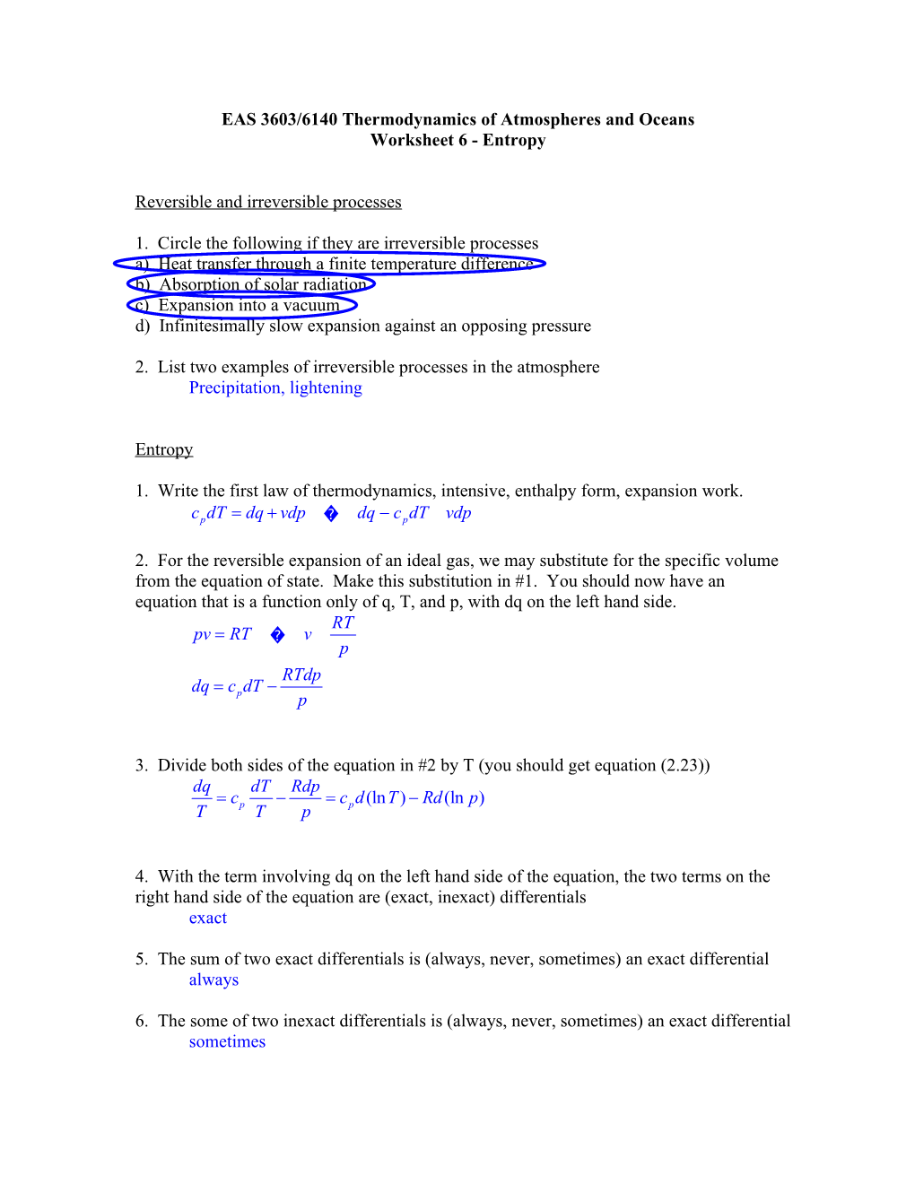 ASEN/ATOC 5225 Thermodynamics Of Atmospheres And Oceans