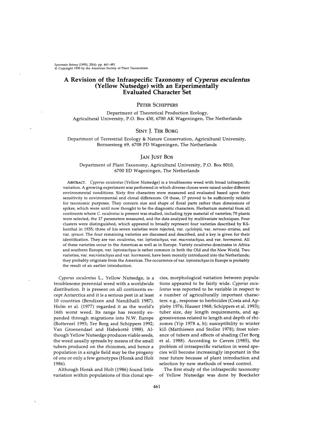 A Revision of the Infraspecific Taxonomy of Cyperus Esculentus (Yellow Nutsedge) with an Experimentally Evaluated Character Set