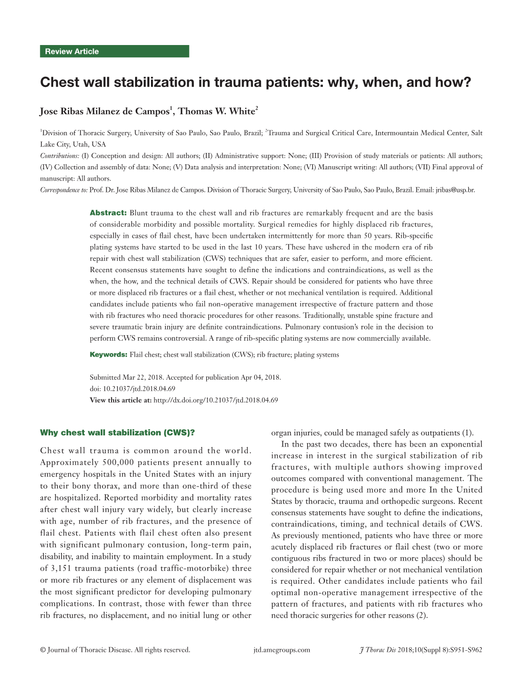 Chest Wall Stabilization in Trauma Patients: Why, When, and How?