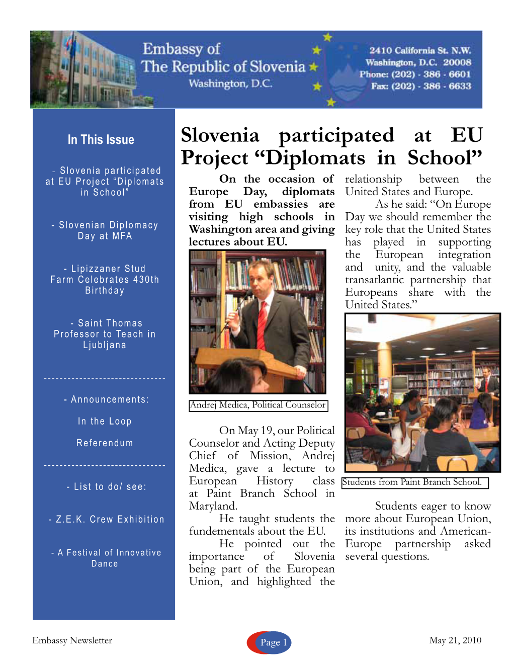 Slovenia Participated at EU Project “Diplomats in School”