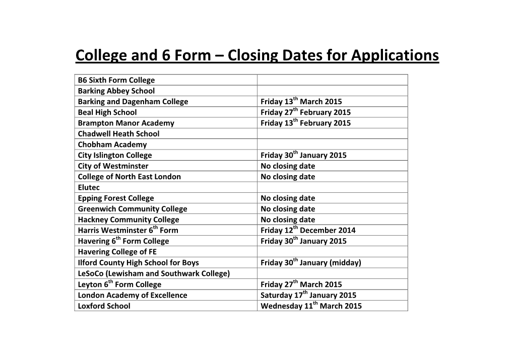 College and 6 Form – Closing Dates for Applications