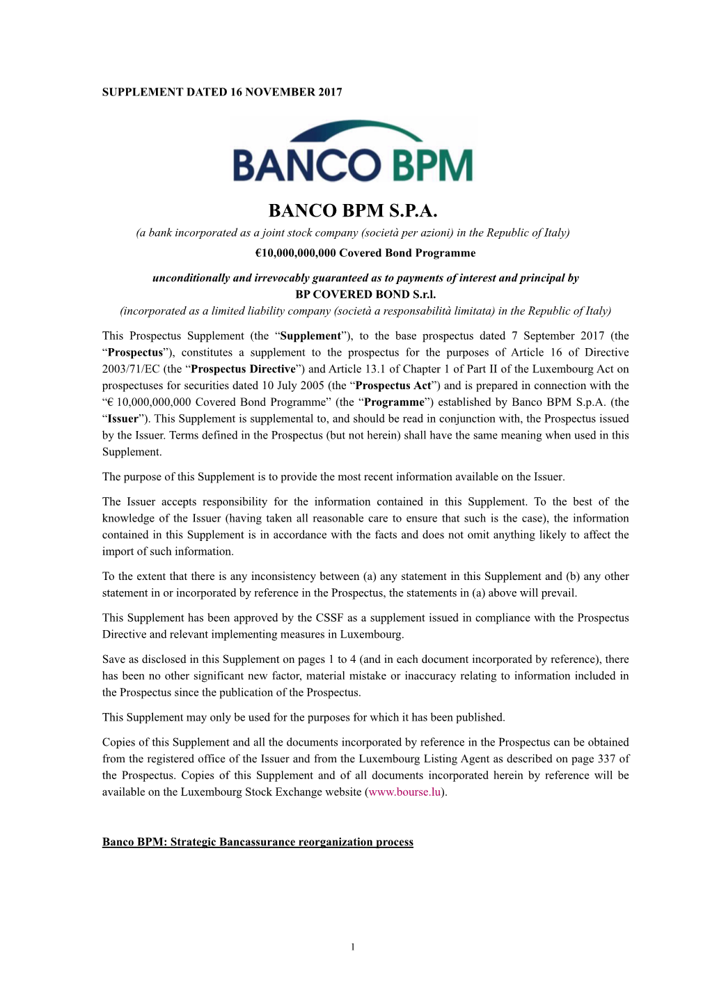 BANCO BPM S.P.A. (A Bank Incorporated As a Joint Stock Company (Società Per Azioni) in the Republic of Italy) €10,000,000,000 Covered Bond Programme