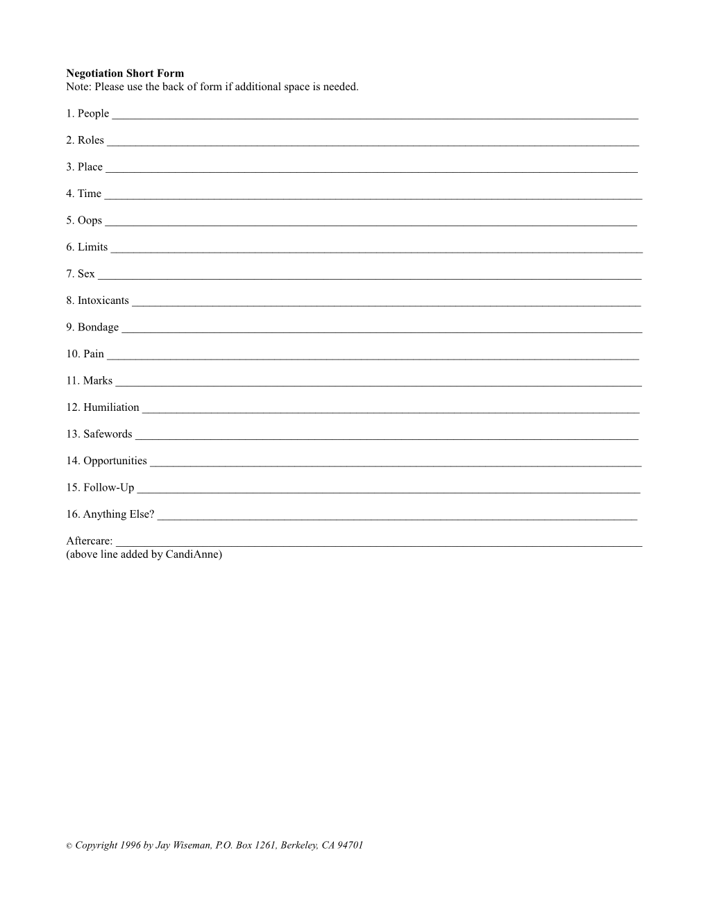 Negotiation Short Form Note: Please Use the Back of Form If Additional Space Is Needed