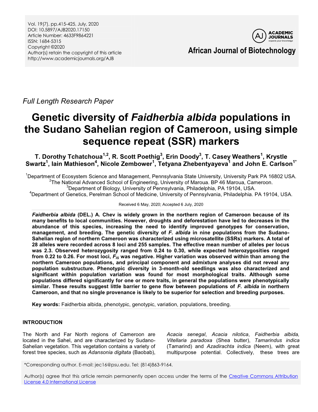 Genetic Diversity of Faidherbia Albida Populations in the Sudano Sahelian Region of Cameroon, Using Simple Sequence Repeat (SSR) Markers