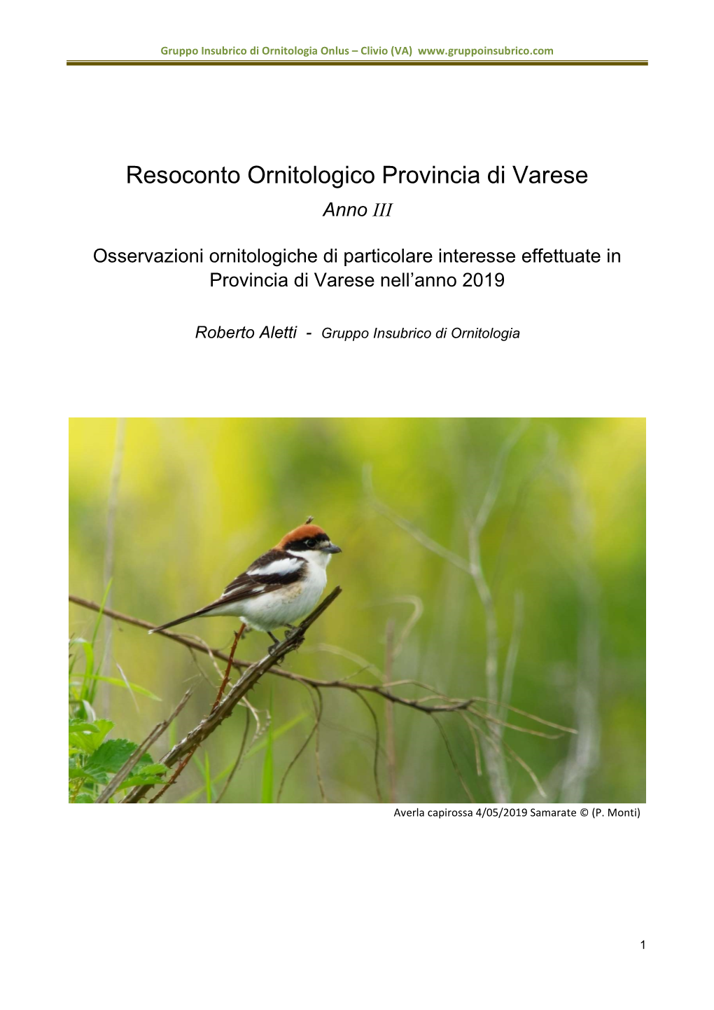 Resoconto Ornitologico Provincia Di Varese Anno III