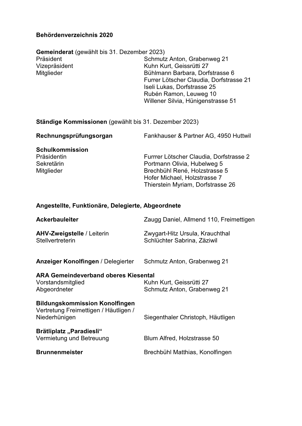 Behördenverzeichnis 2020 Gemeinderat