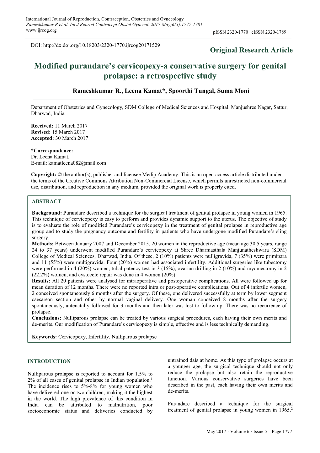 Modified Purandare's Cervicopexy-A Conservative Surgery for Genital Prolapse