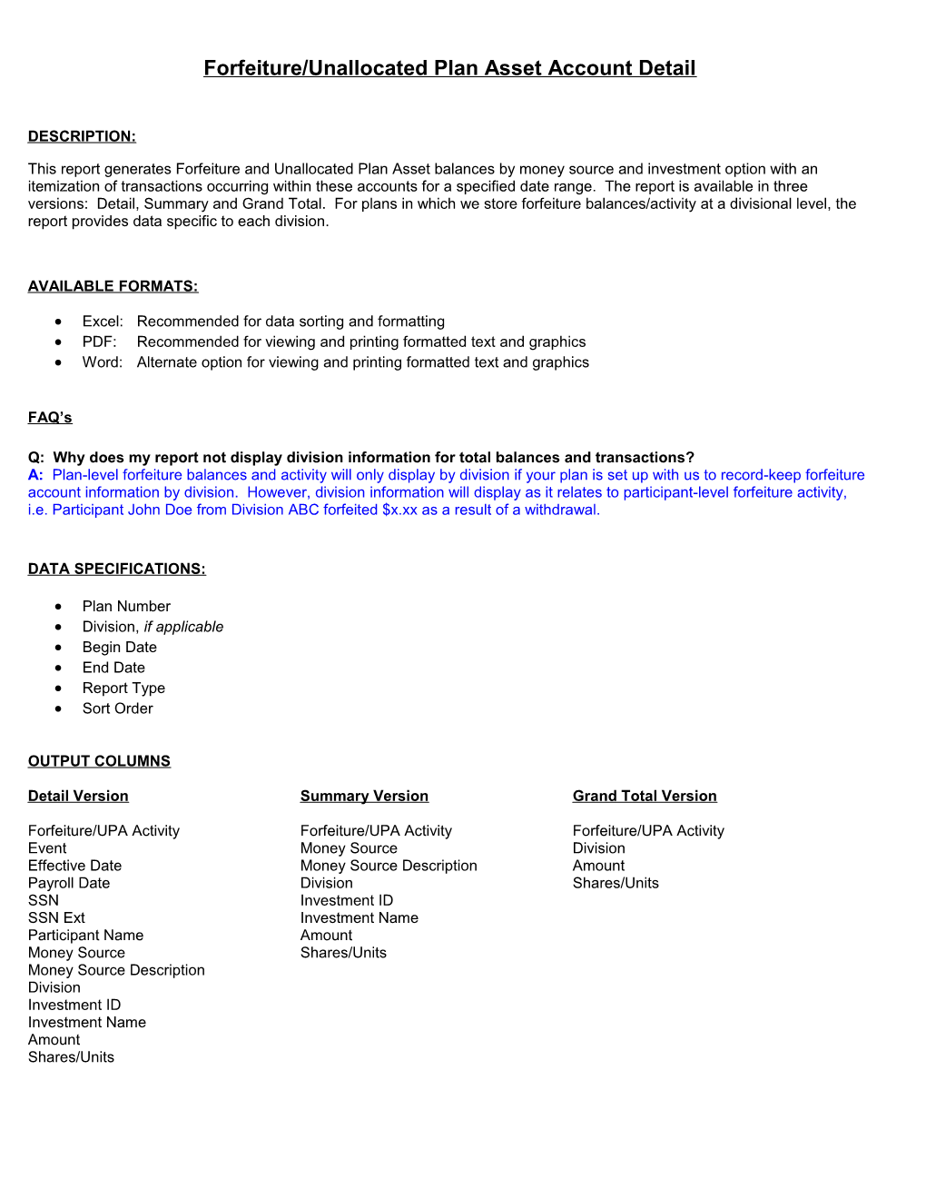 Forfeiture/Unallocated Plan Asset Account Detail