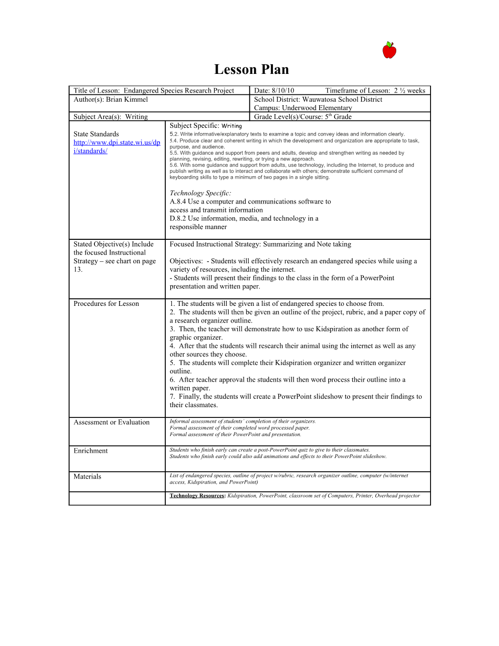 Suggested Lesson Plan Format