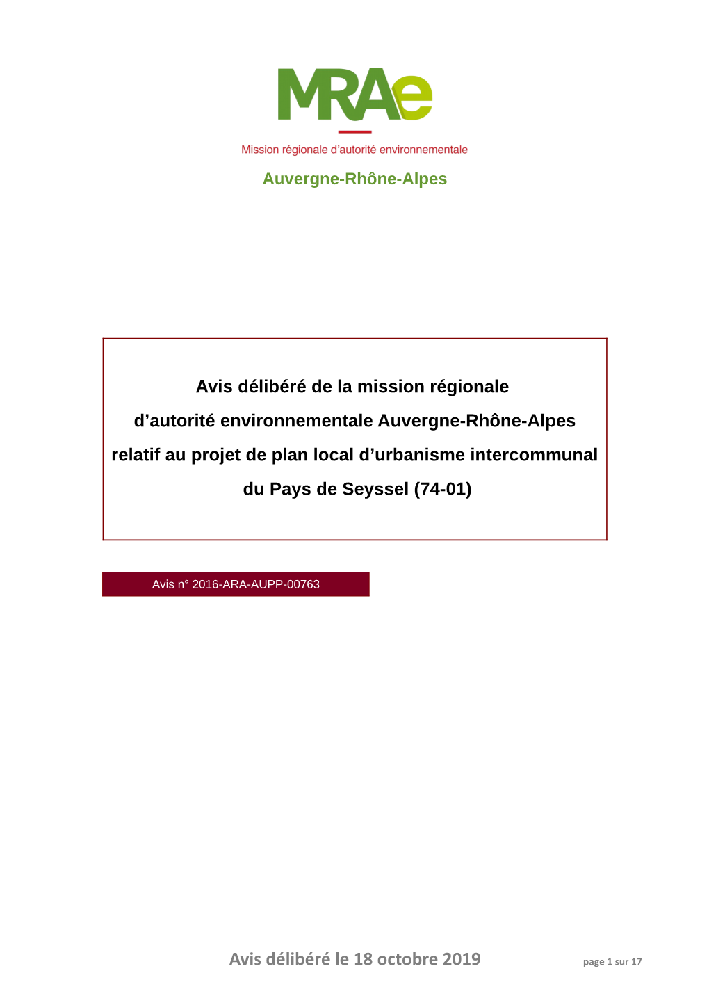 Avis Délibéré Le 18 Octobre 2019 Page 1 Sur 17 Préambule Relatif À L’Élaboration De L’Avis