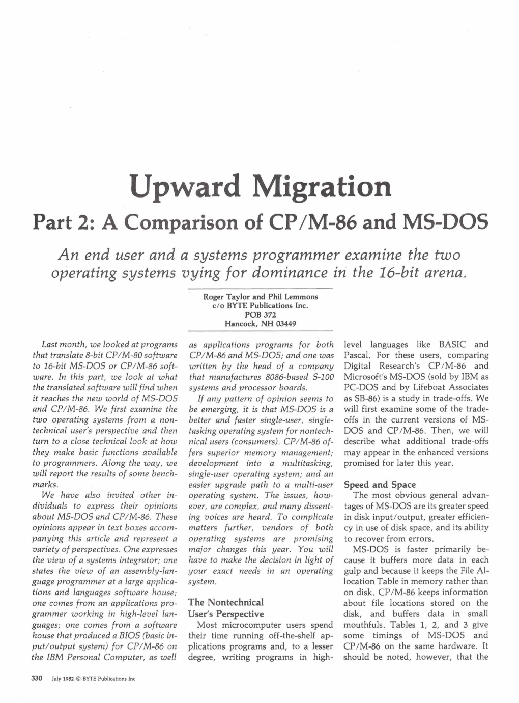 Part 2: a Comparison of CP/M-86 and MS-DOS an End User and a Systems Programmer Examine the Two Operating Systems Vying for Dominance in the Idbit Arena