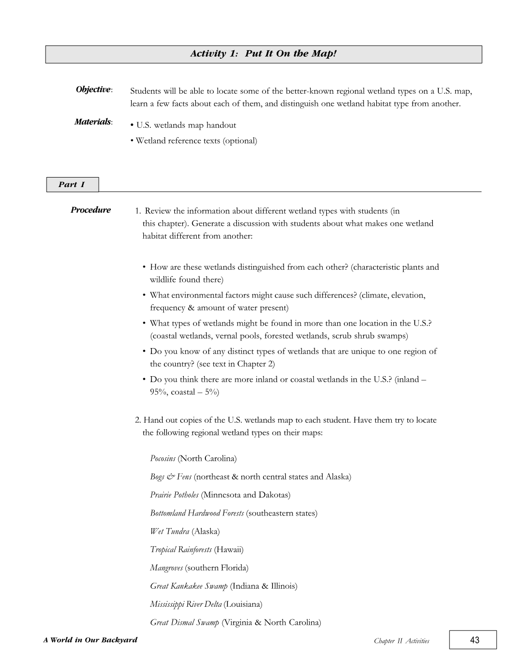 Wetlands Map Handout • Wetland Reference Texts (Optional)