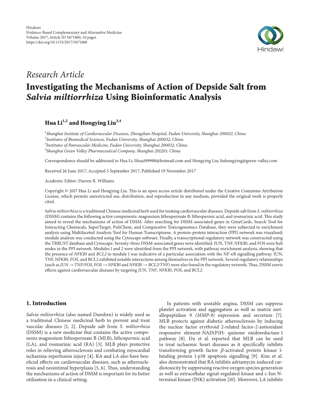 Investigating the Mechanisms of Action of Depside Salt from Salvia Miltiorrhiza Using Bioinformatic Analysis