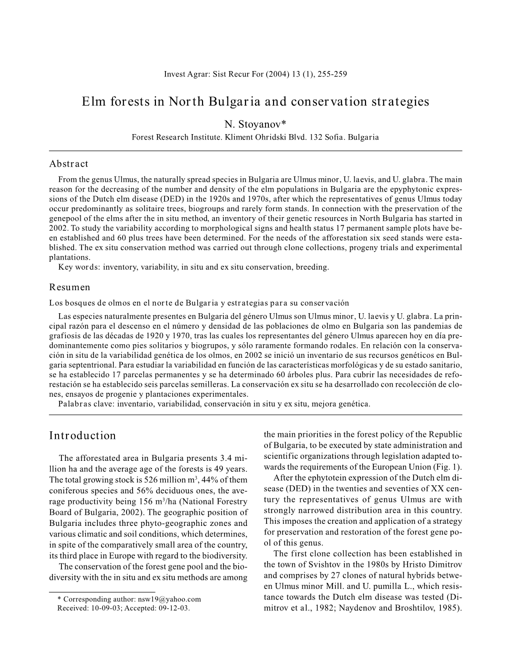 Elm Forests in North Bulgaria and Conservation Strategies N