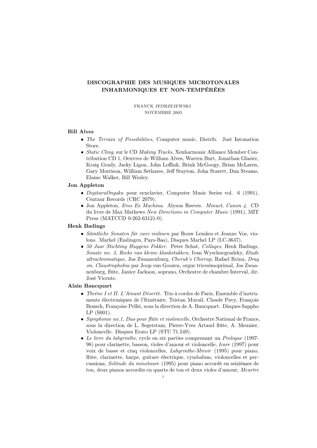 Discographie Des Musiques Microtonales Inharmoniques Et Non-Tempérées