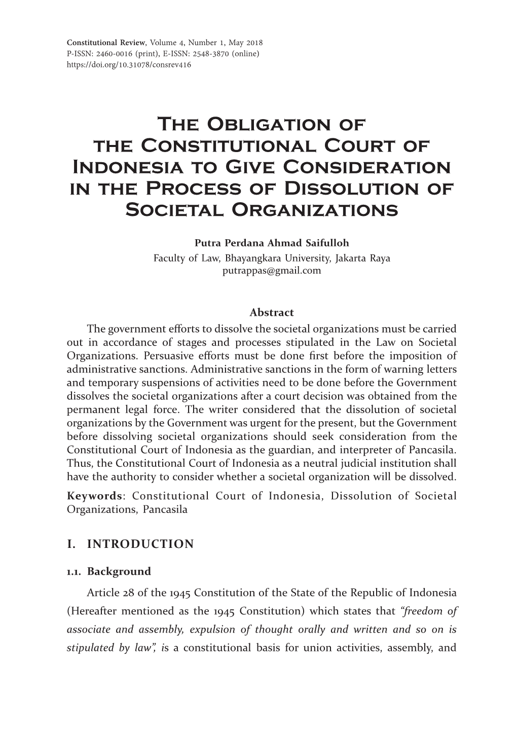 The Obligation of the Constitutional Court of Indonesia to Give Consideration in the Process of Dissolution of Societal Organizations