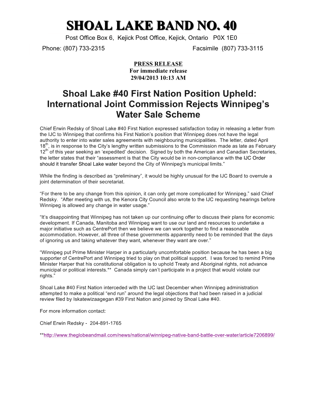 International Joint Commission Rejects Winnipeg’S Water Sale Scheme