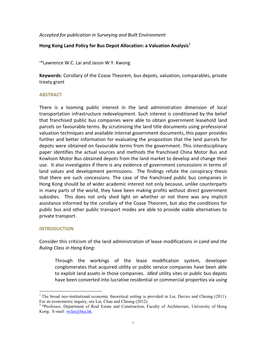Accepted for Publication in Surveying and Built Environment Hong Kong