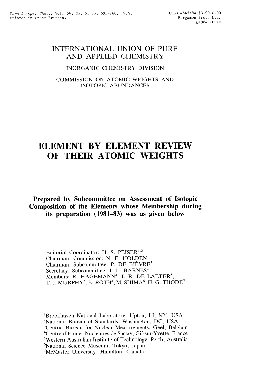 Element by Element Review of Their Atomic Weights