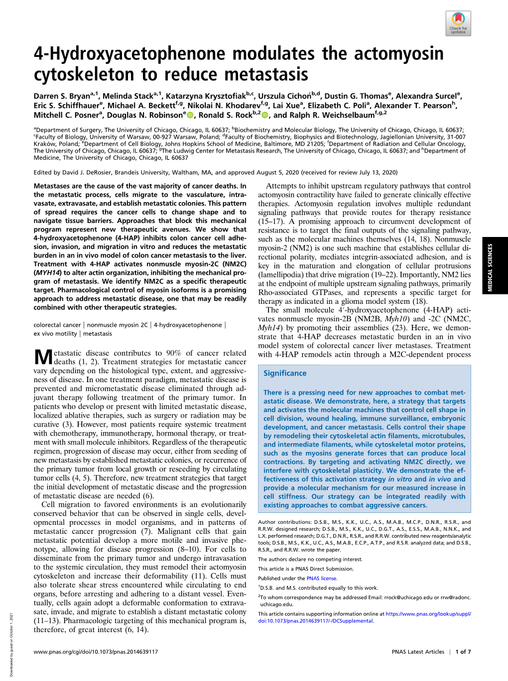 4-Hydroxyacetophenone Modulates the Actomyosin Cytoskeleton to Reduce Metastasis