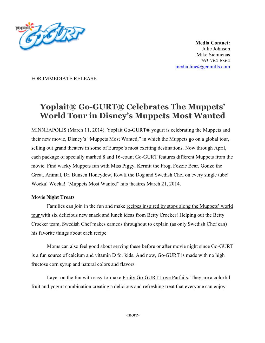 Yoplait® Go-GURT® Celebrates the Muppets' World Tour in Disney's