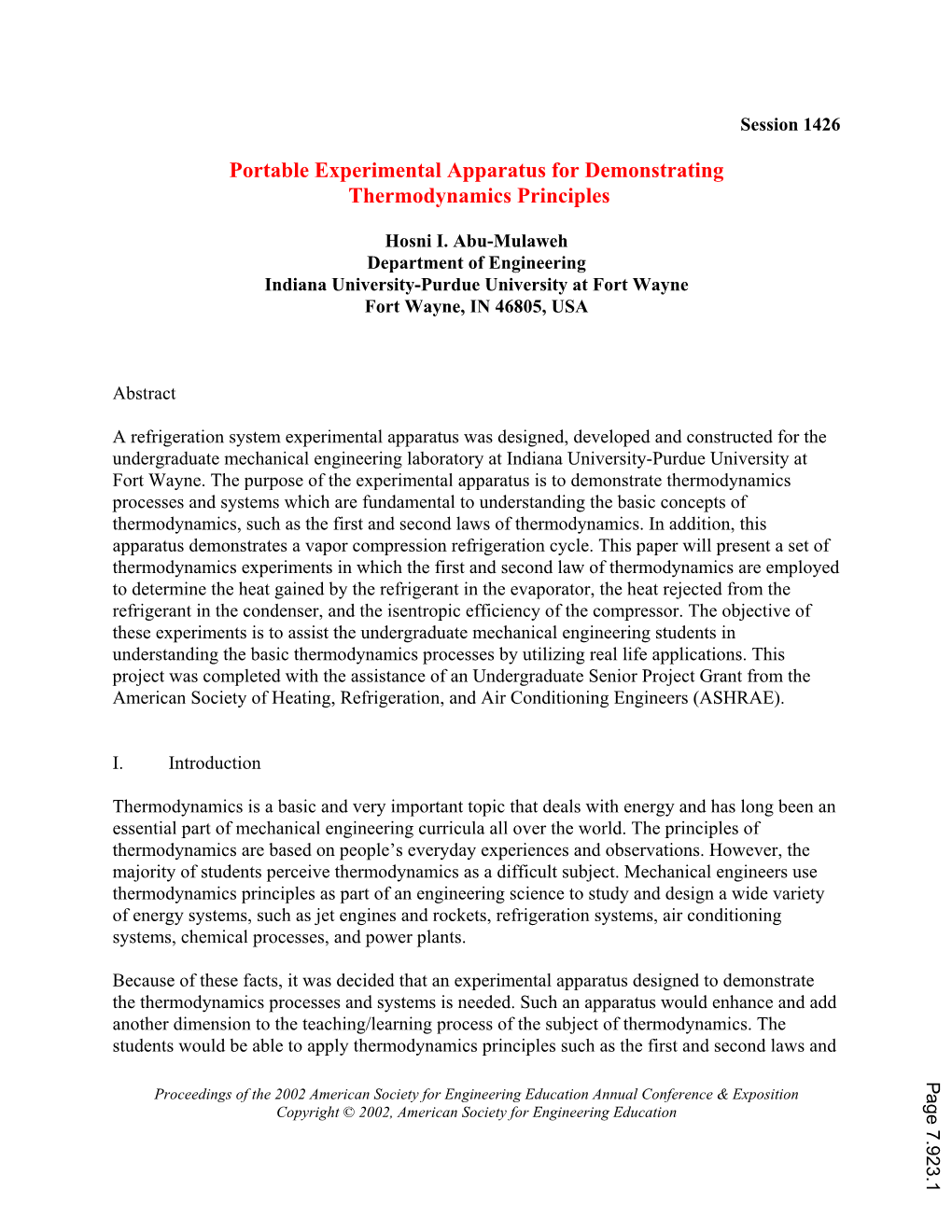 Portable Experimental Apparatus for Demonstrating Thermodynamics Principles