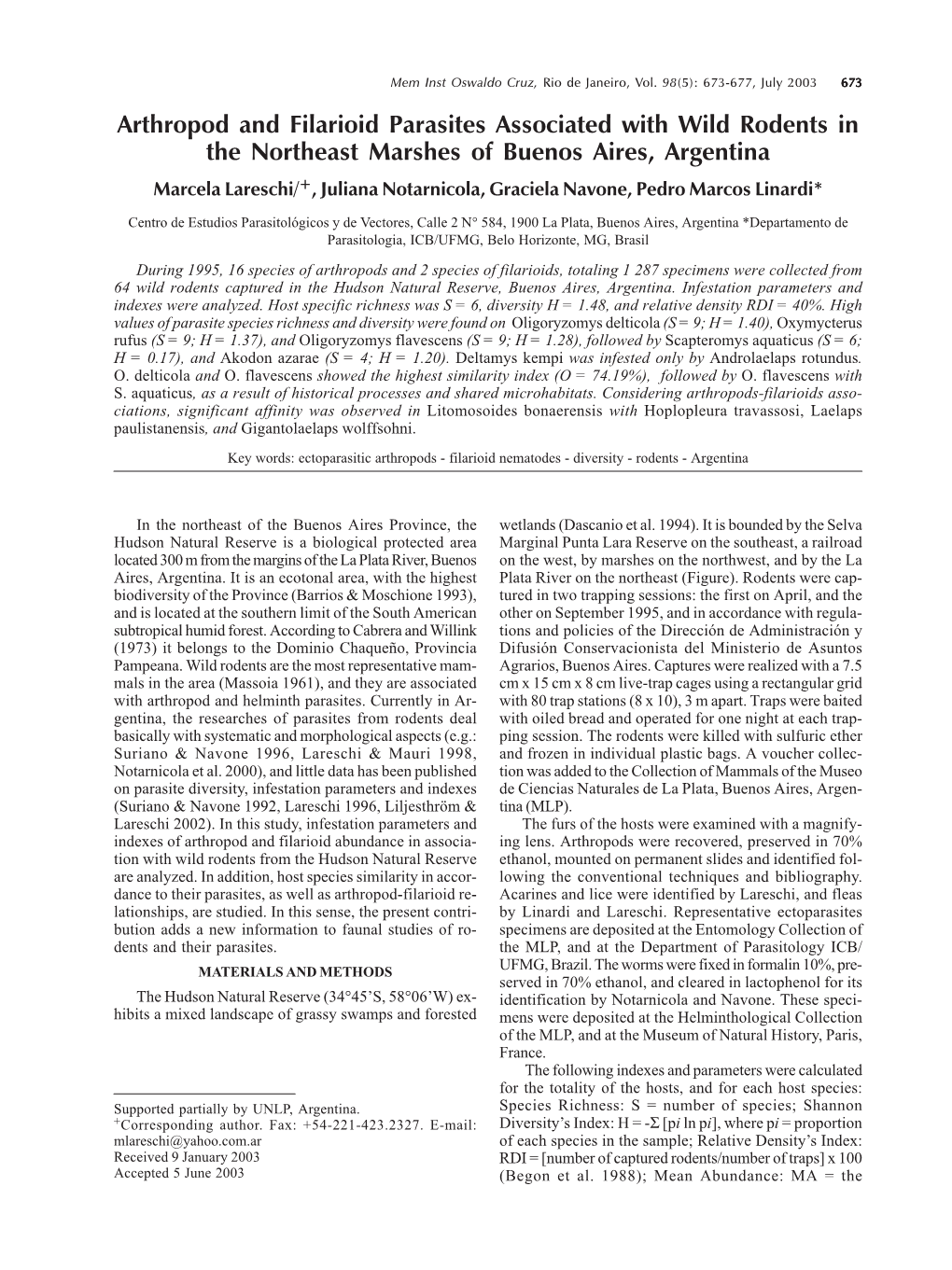 Arthropod and Filarioid Parasites Associated with Wild Rodents in The