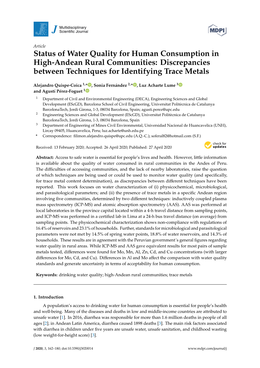 Status of Water Quality for Human Consumption in High-Andean Rural Communities: Discrepancies Between Techniques for Identifying Trace Metals