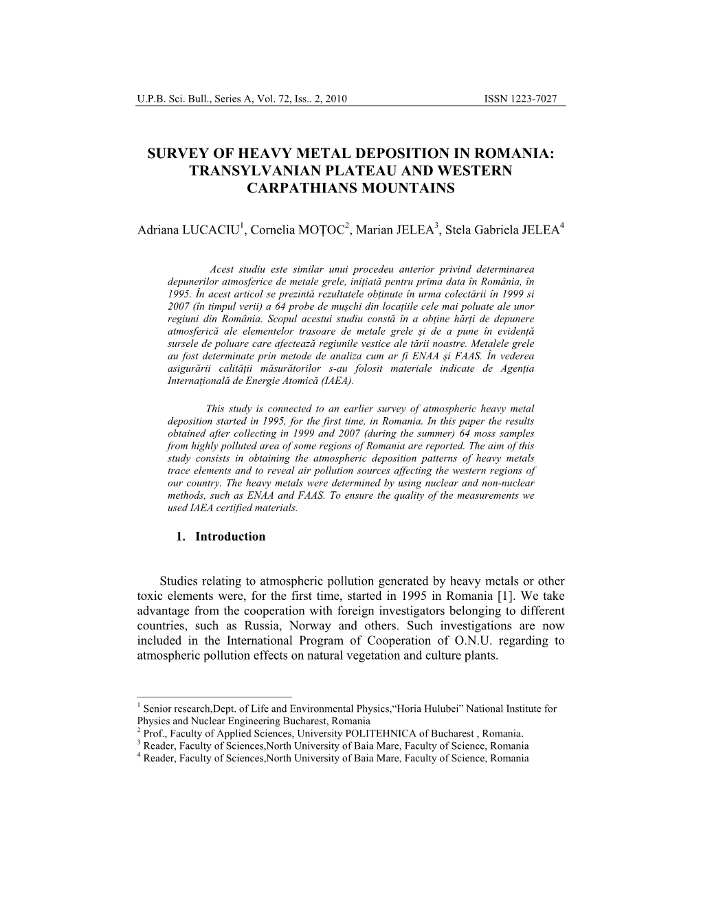 Survey of Heavy Metal Deposition in Romania: Transylvanian Plateau and Western Carpathians Mountains