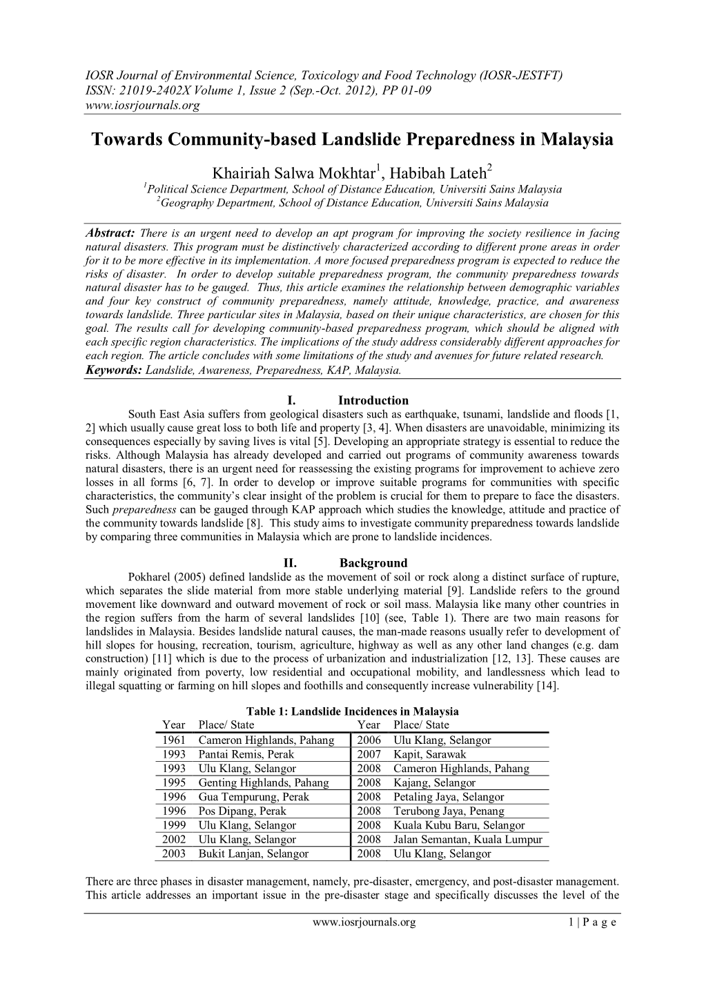 Toward Community-Based Landslide Preparedness in Malaysia