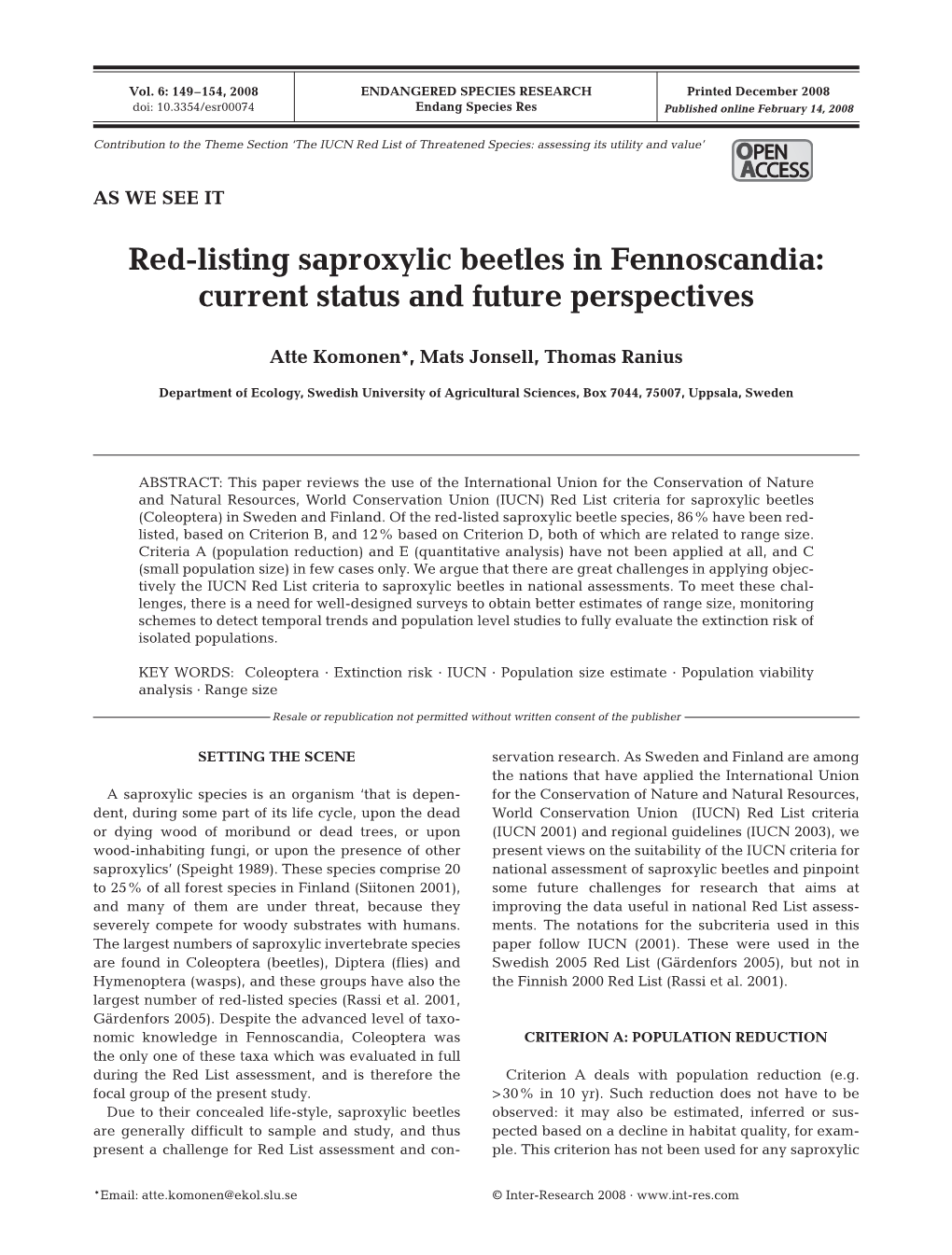 Red-Listing Saproxylic Beetles in Fennoscandia: Current Status and Future Perspectives