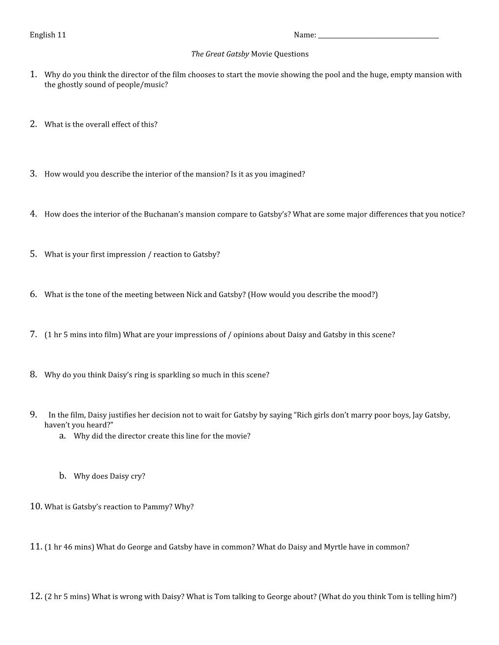 The Great Gatsby Movie Questions