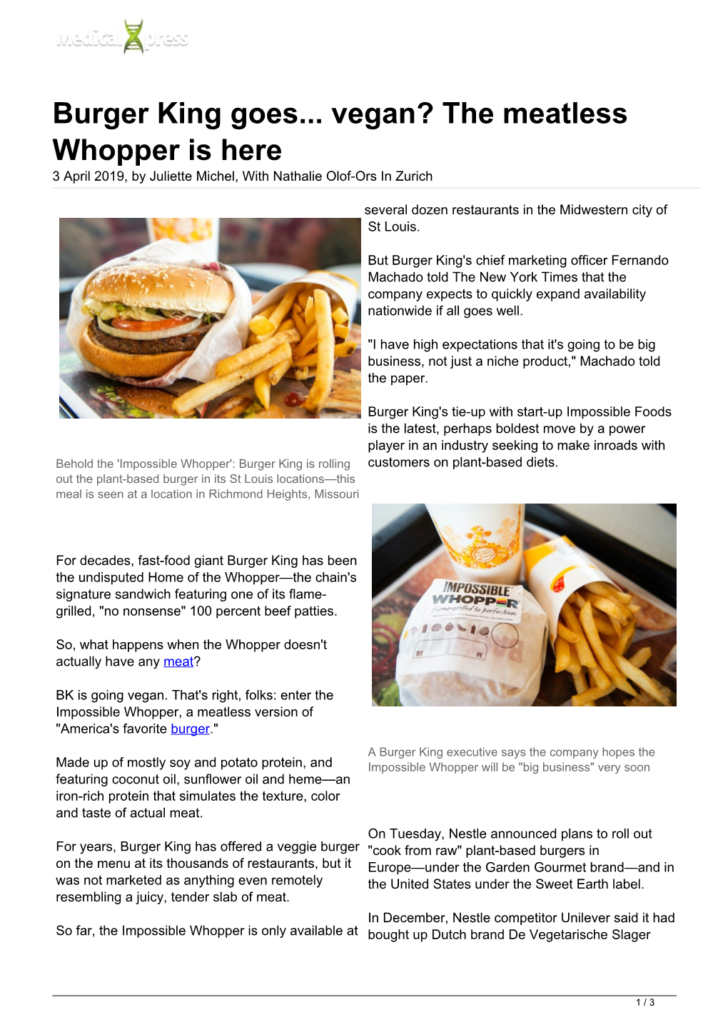 Burger King Goes... Vegan? the Meatless Whopper Is Here 3 April 2019, by Juliette Michel, with Nathalie Olof-Ors in Zurich