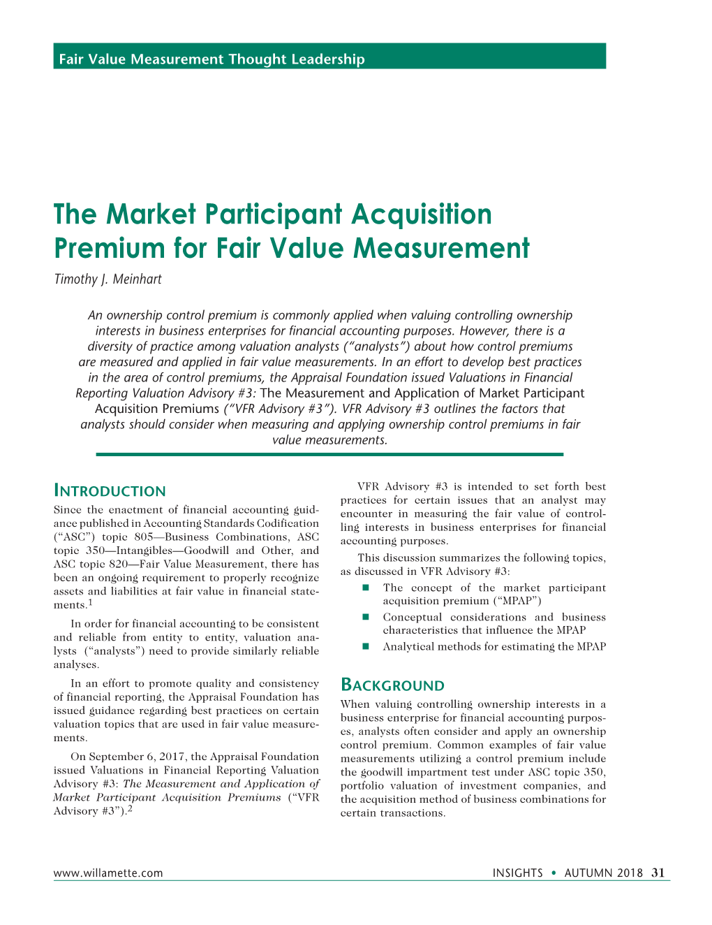 The Market Participant Acquisition Premium for Fair Value Measurement Timothy J