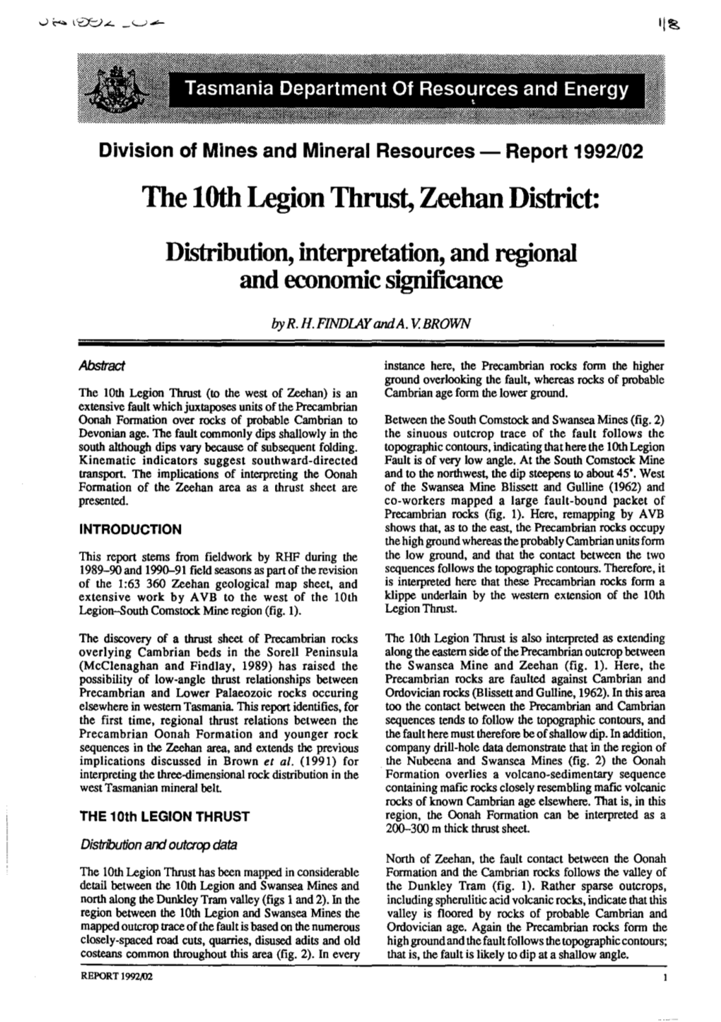 The 10Th Legion Thrust, Zeehan District: Distribution, Interpretation, and Regional and Economic Significance