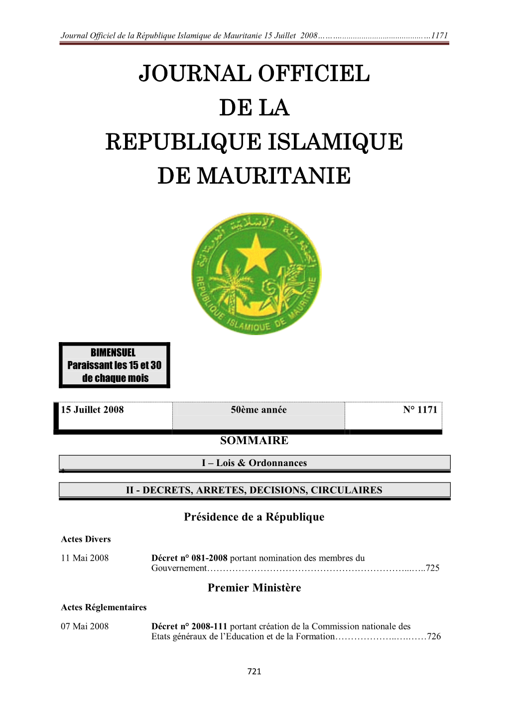 Journal Officiel De La République Islamique De Mauritanie 15 Juillet 2008………