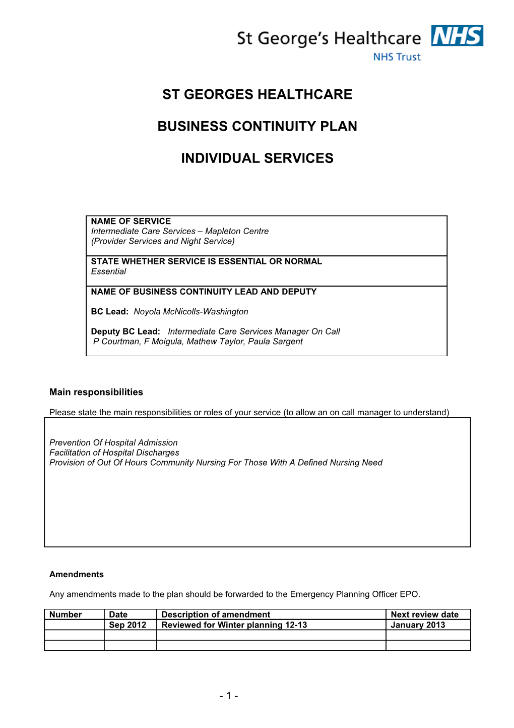 Business Continuity Planning Template