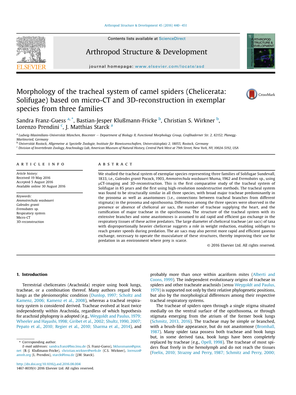 Morphology of the Tracheal System of Camel Spiders (Chelicerata: Solifugae) Based on Micro-CT and 3D-Reconstruction in Exemplar Species from Three Families