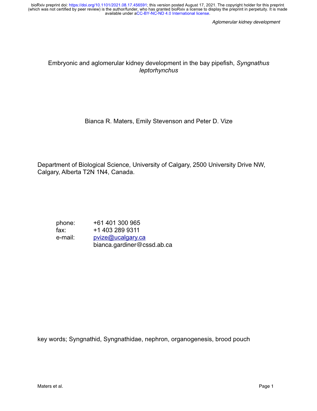 Embryonic and Aglomerular Kidney Development in the Bay Pipefish, Syngnathus Leptorhynchus