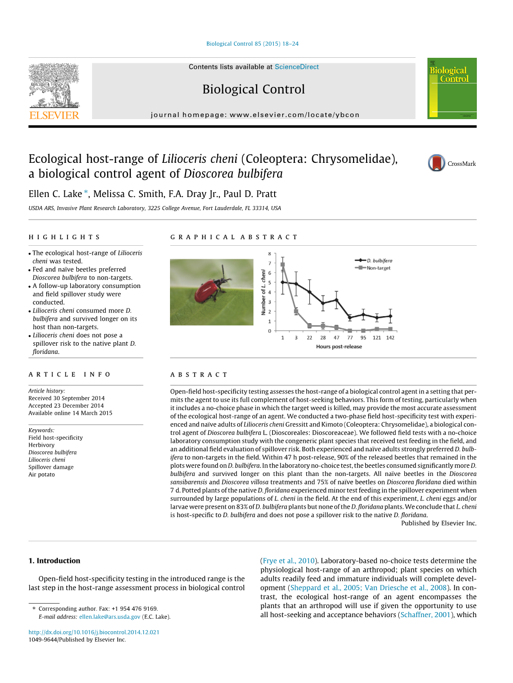 Ecological Host-Range of Lilioceris Cheni (Coleoptera: Chrysomelidae), a Biological Control Agent of Dioscorea Bulbifera ⇑ Ellen C