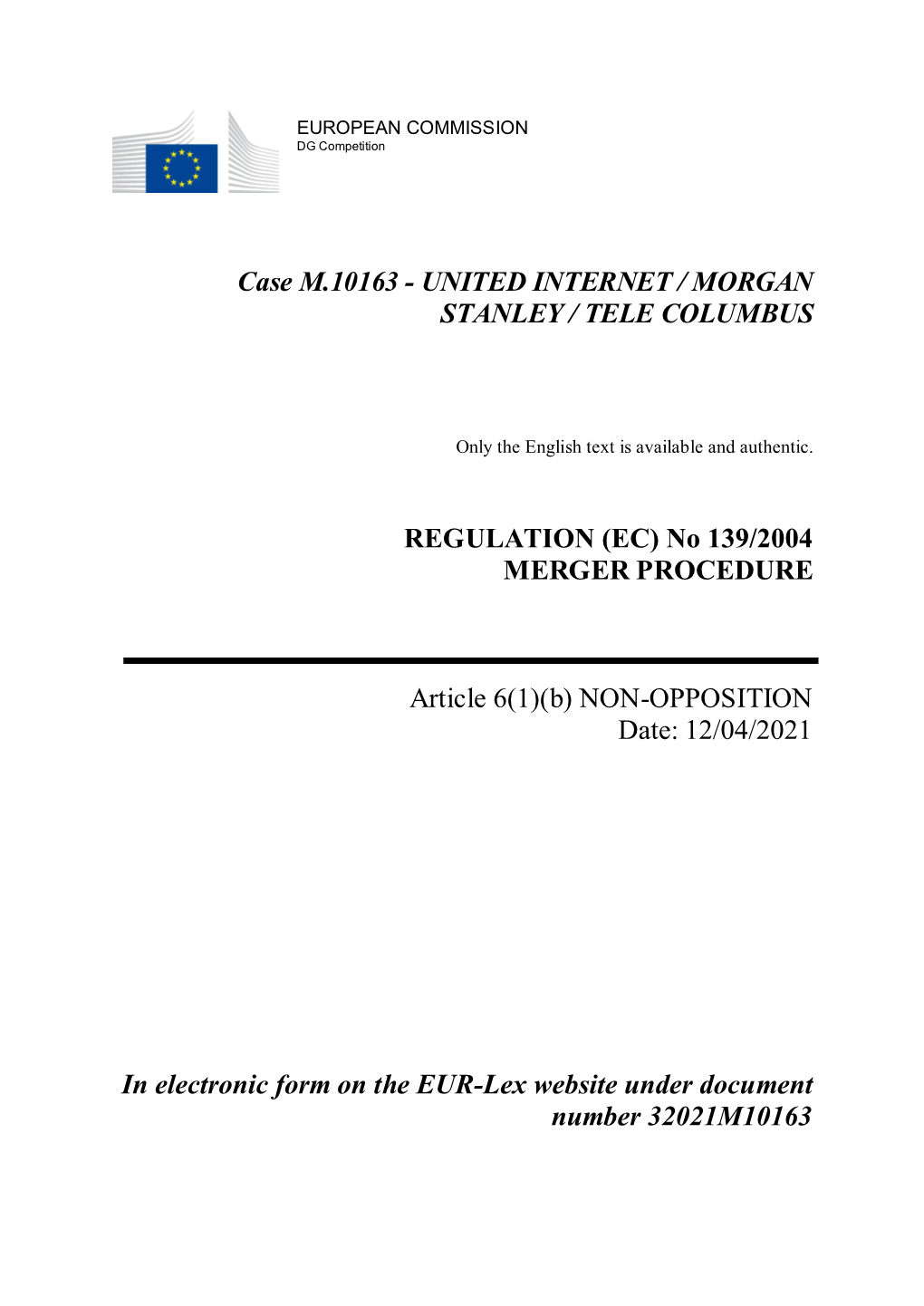 Case M.10163 - UNITED INTERNET / MORGAN STANLEY / TELE COLUMBUS