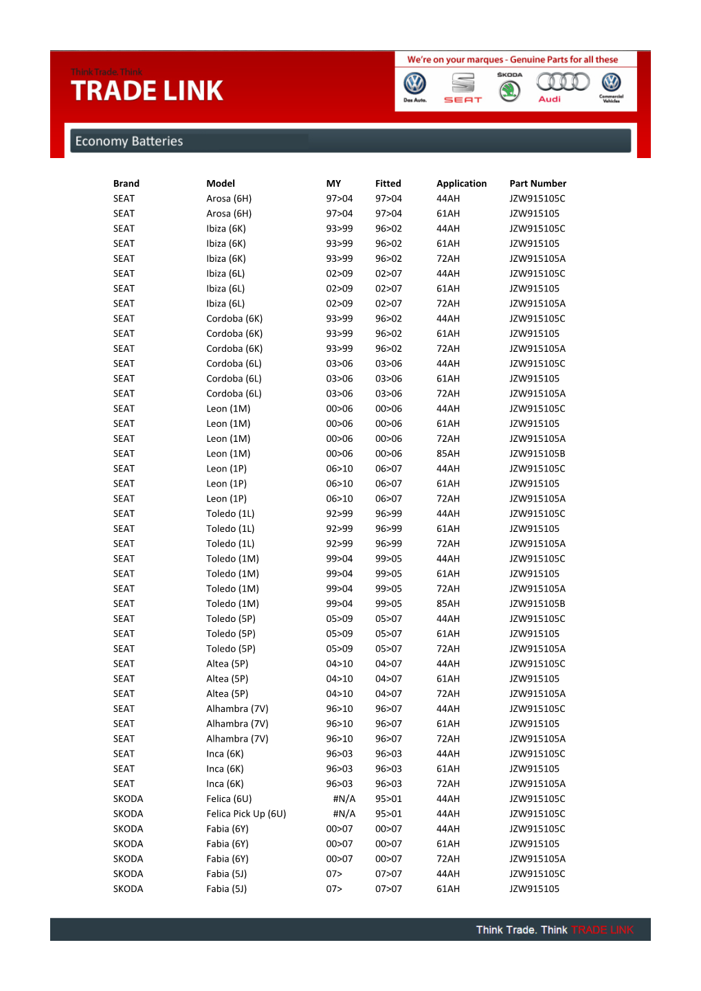 6H) 97&gt;04 97&gt;04 44AH JZW915105C SEAT Arosa (6H