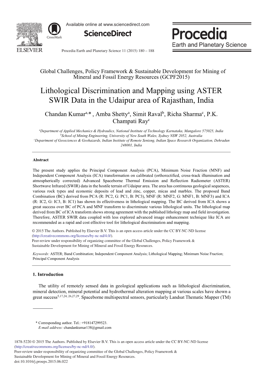 Lithological Discrimination and Mapping Using ASTER SWIR Data in the Udaipur Area of Rajasthan, India