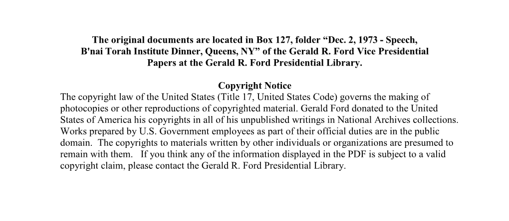 Dec. 2, 1973 - Speech, B'nai Torah Institute Dinner, Queens, NY” of the Gerald R